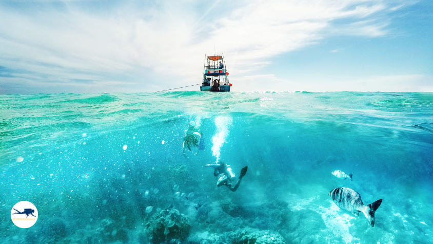 Divers and Boat in the Caribbean Sea