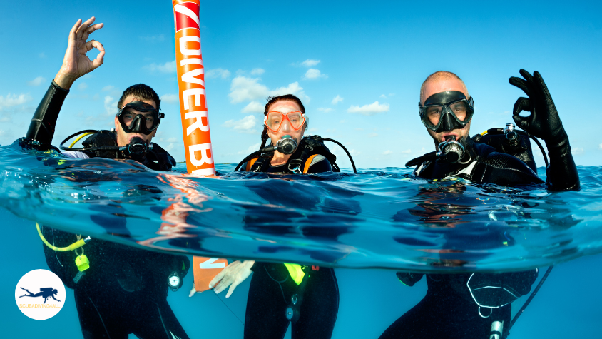 A group of student divers learning about diver safety and risk management