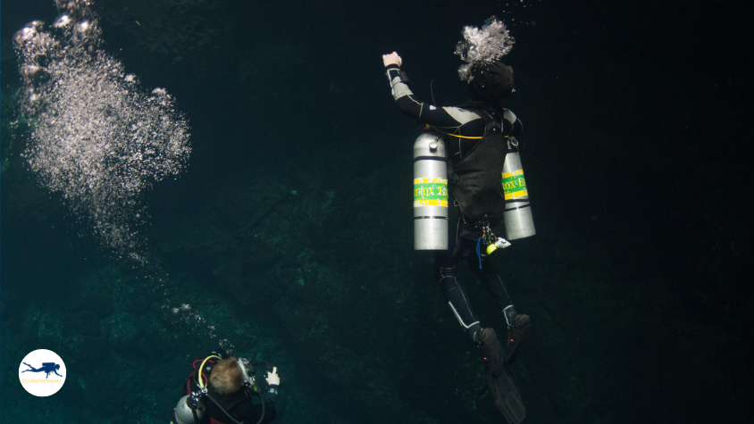 A diver underwater with a tank of nitrox and a dive computer, and a SDI/TDI instructor