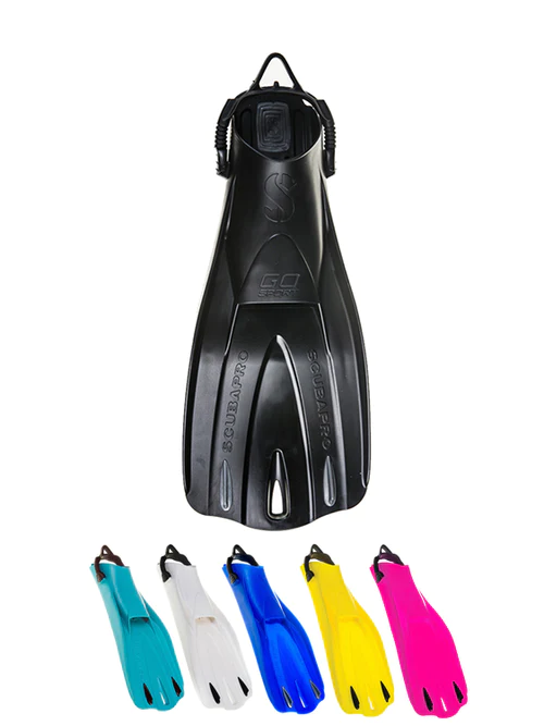 A pair of full foot fins with foot pockets and adjustable straps