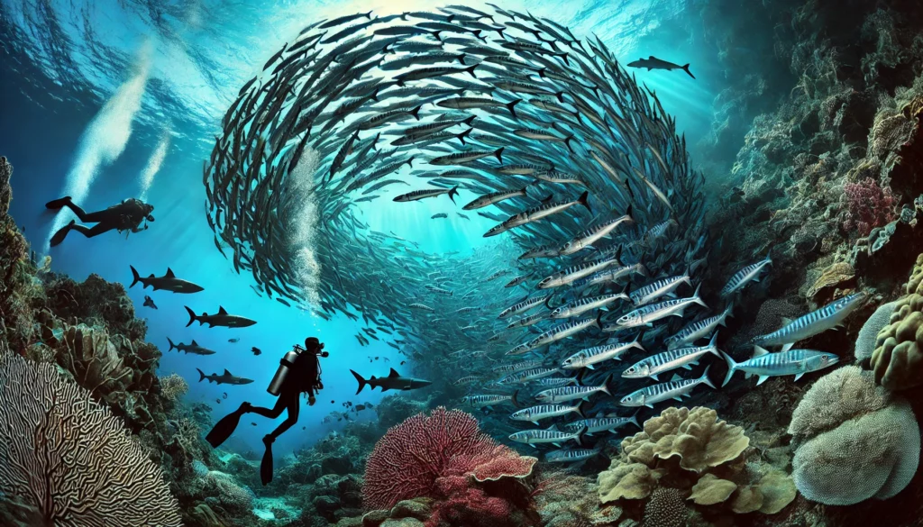 Scuba diver observes massive barracuda school at Sipadan's Barracuda Point, showcasing the island's thrilling marine life and dramatic underwater topography